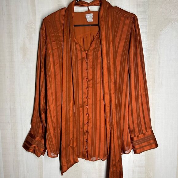 Chico’s rust color blouse‎ button front with scarf, size 2, size 12/14. - Picture 9 of 16